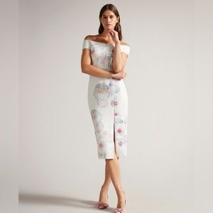 NWT Ted Baker Lovez Floral Bardot Bodycon Off Shoulder Midi Dress Sz 6, US 16-18